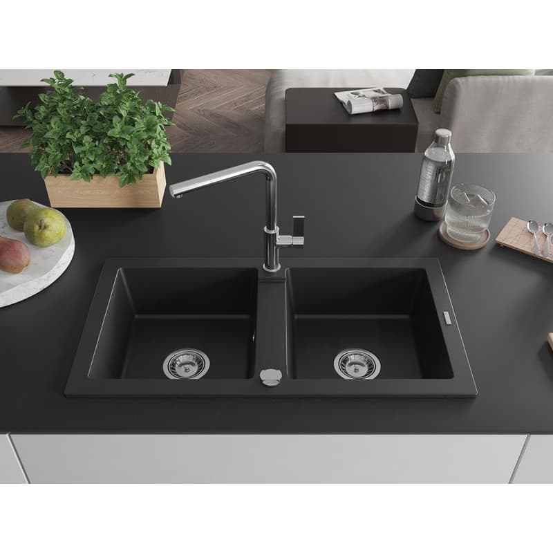 MEXEN/S MEXEN/S - Mario granitový drez 2-bowl vrátane batérie Flora, čierna 6504-77-670401-00 3