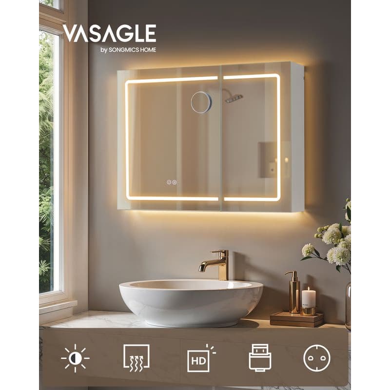 VASAGLE Zrkadlová skrinka do kúpeľne s elektrickou zásuvkou, osvetlením 80 x 60 x 16,5 cm, biela, s odmlžovaním