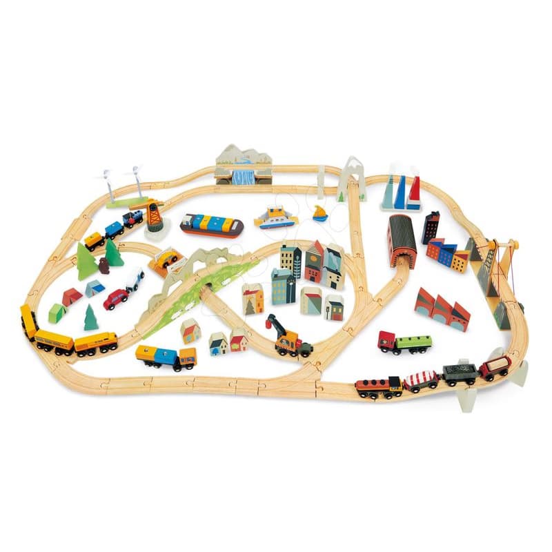 Drevená vláčikodráha vysokohorská Mountain View Train Set Tender Leaf Toys cesta okolo sveta cez mesta a hory 58 dielov a doplnky
