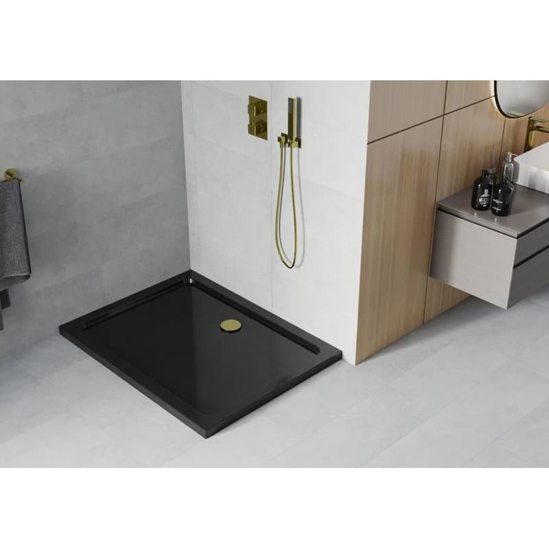 MEXEN/S - Flat sprchová vanička obdĺžniková slim čierna + zlatý sifón 40708010G 2