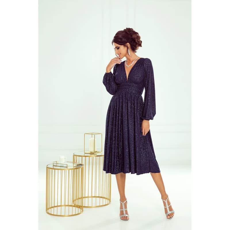 Warsaw Dress Tmavomodré trblietavé midi šaty s dlhými rukávmi Veľkosť: XXXL
