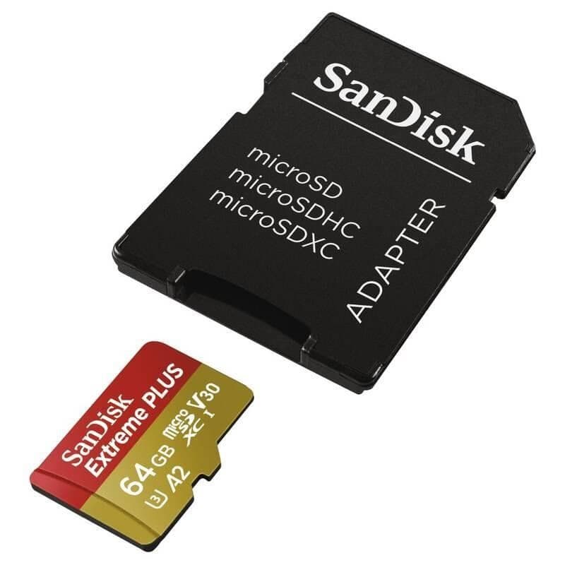 SanDisk micro SDXC karta 64 GB Extreme PLUS (200 MB/s Class 10, UHS-I U3 V30) + adaptér 2