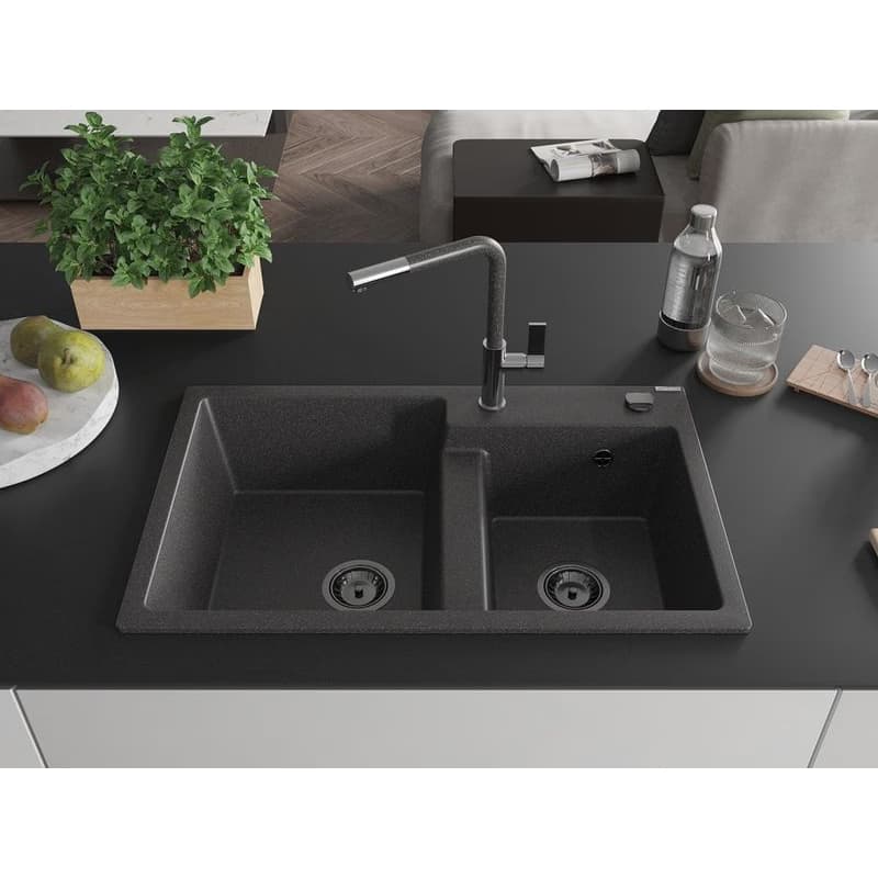 MEXEN/S MEXEN/S - Tomas granitový drez 2-bowl vrátane batérie Flora, čierna kropenatá 6516-76-670401-08-B 3