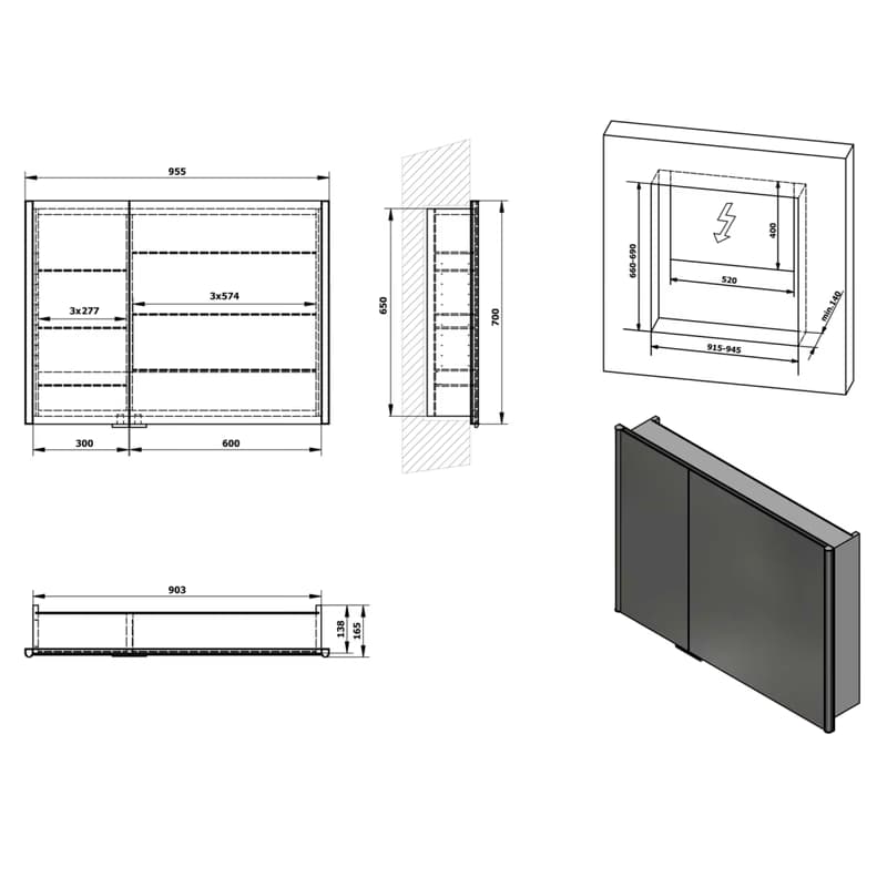 SAPHO - INTEGRA zápustná galérka s LED osvetlením, 95x70cm IN095 2