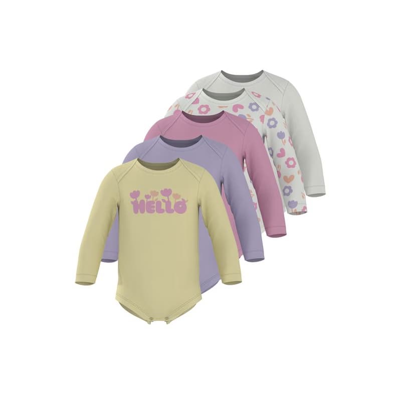 LUPILU® Dievčenské/chlapčenské body s dlhým rukávom, 5 kusov (biela/ružová/fialová/žltá, 74/80)