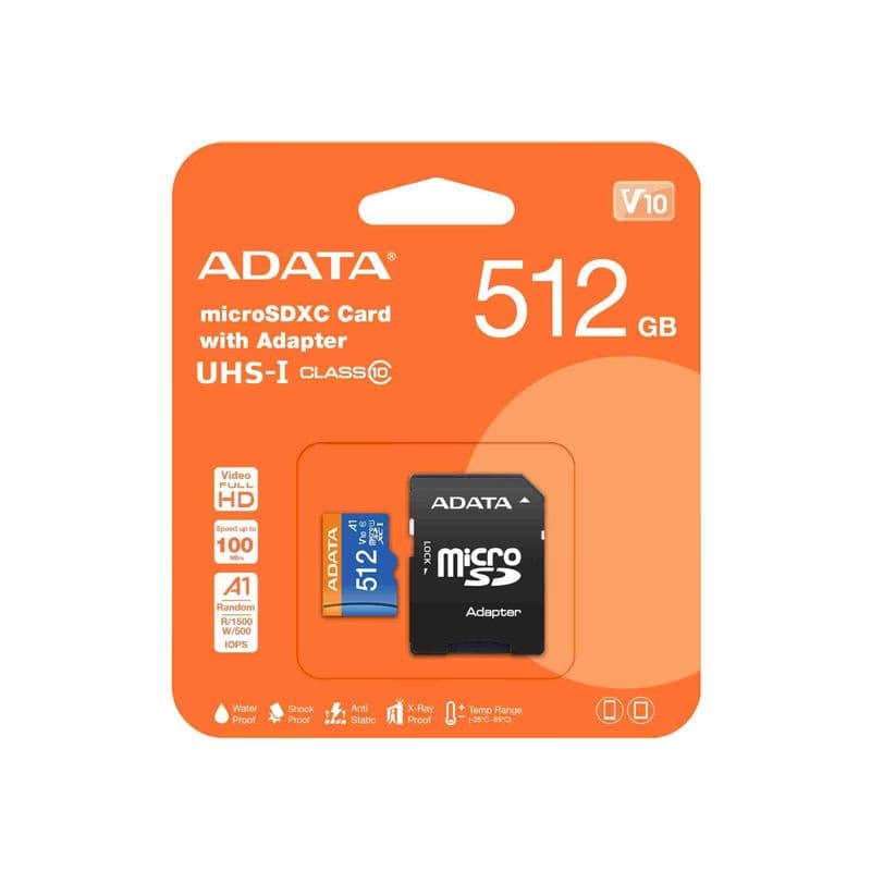 ADATA MicroSDXC karta 512 GB Premier UHS-I C10 V10 (R: 100/W: 25 MB/s) + SD adaptér 3