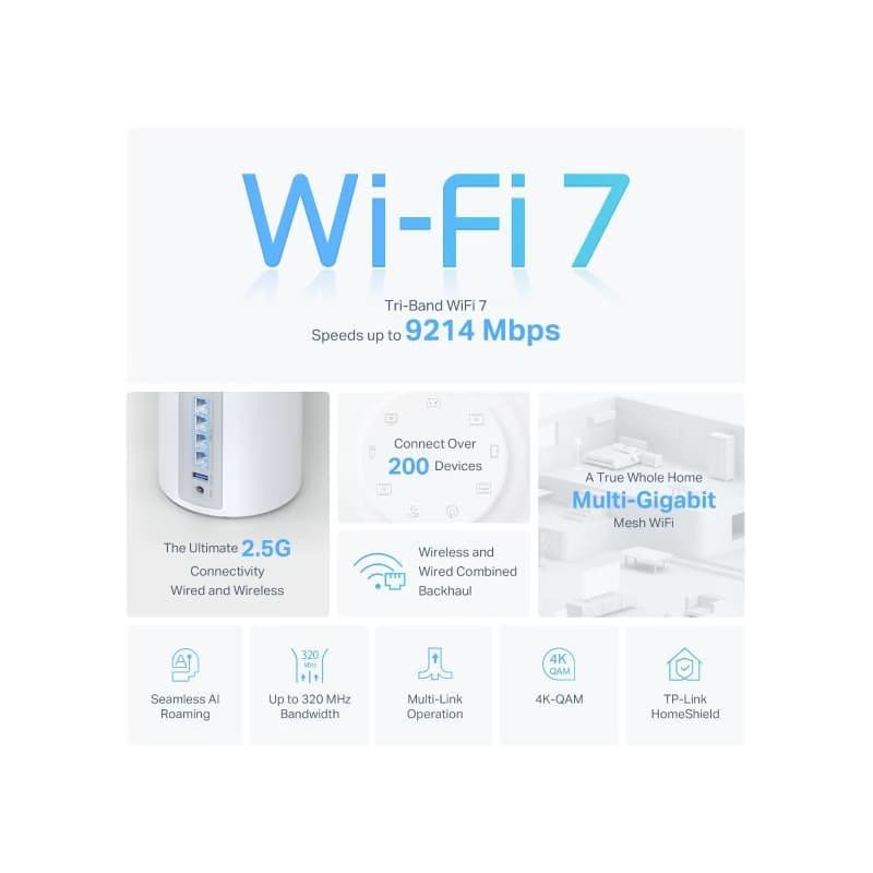 TP-Link Deco BE65(2-pack) BE9300 Trojpásmový systém Mesh WiFi 7 pre celú domácnosť, 4x 2.5GLAN, USB, 2,4/5/6GHz, HomeShield 3