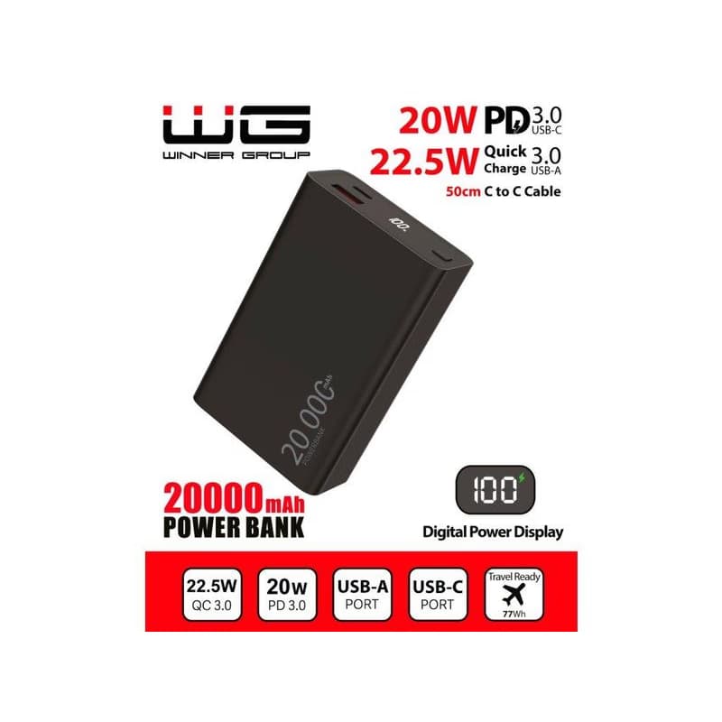 WG - Power Bank 20000 mAh, USB-C PD 20 W + USB-A QC 22.5 W, čierna 2