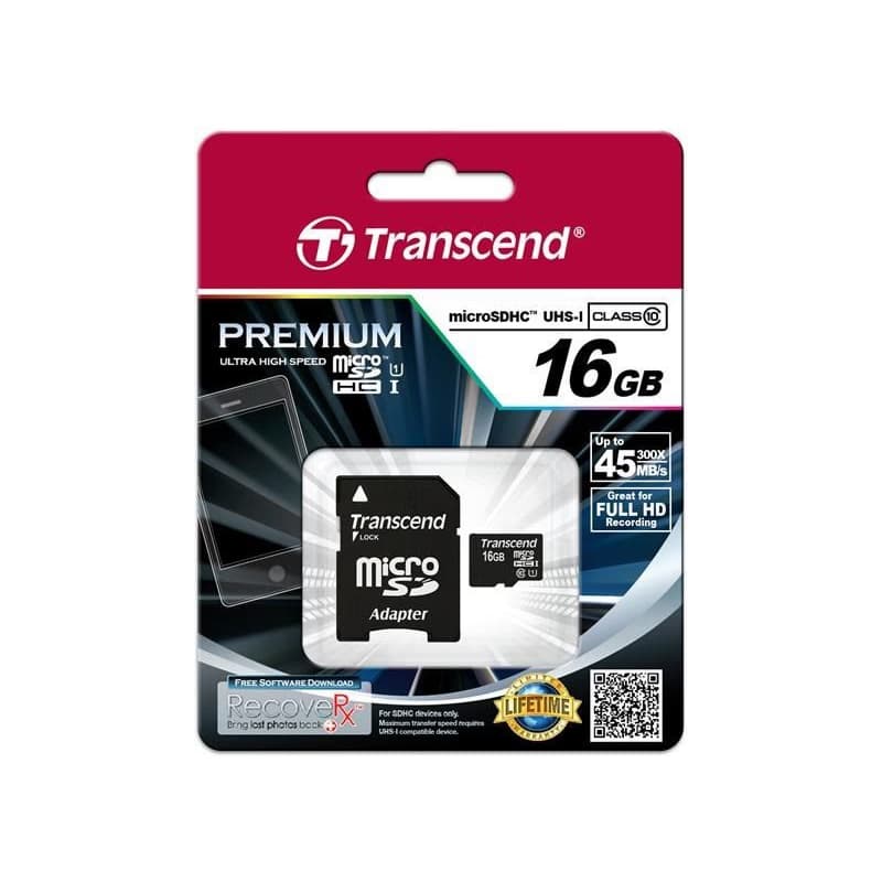 TRANSCEND MicroSDHC karta 16GB Premium, Class 10 UHS-I 300x + adaptér 3