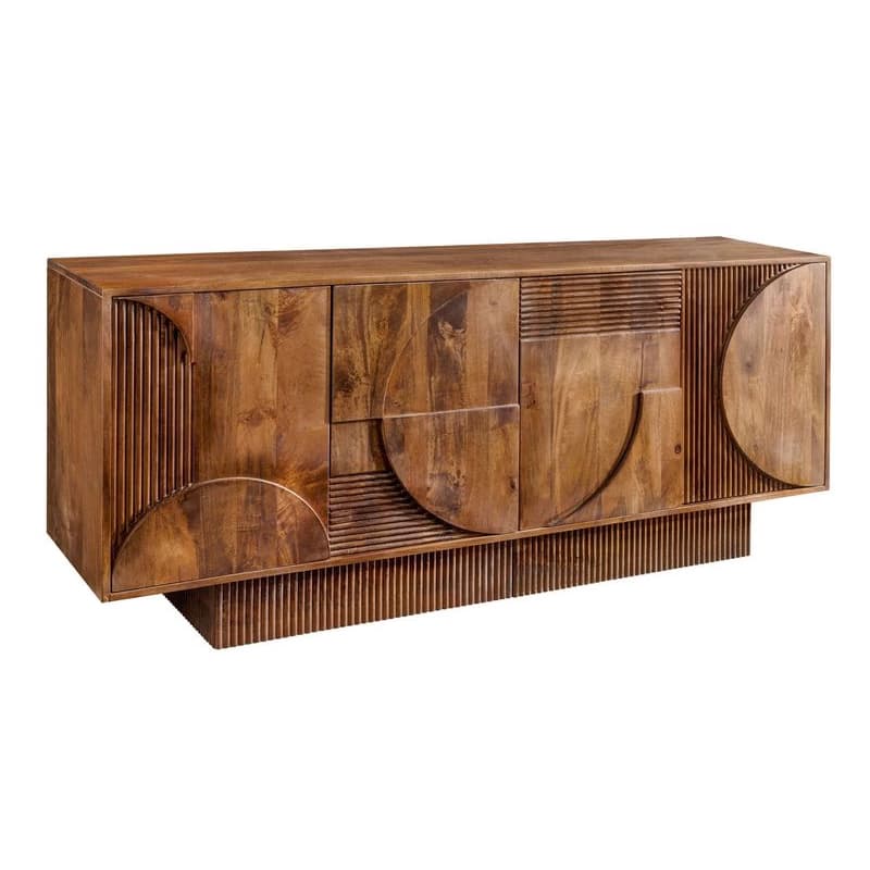 Estila Masívny art deco štvordverový príborník Sonia z mangového dreva v naturálnej hnedej farbe s geometrickým reliéfom 170 cm