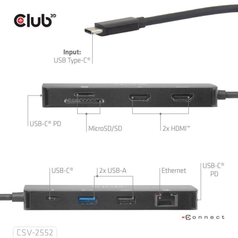Club3D Dokovacia stanica USB-C 9v1, 2xHDMI, 1xUSB-C, 1xUSB-C PD, 2xUSB, 1xRJ45, microSD/SD, čierna 3