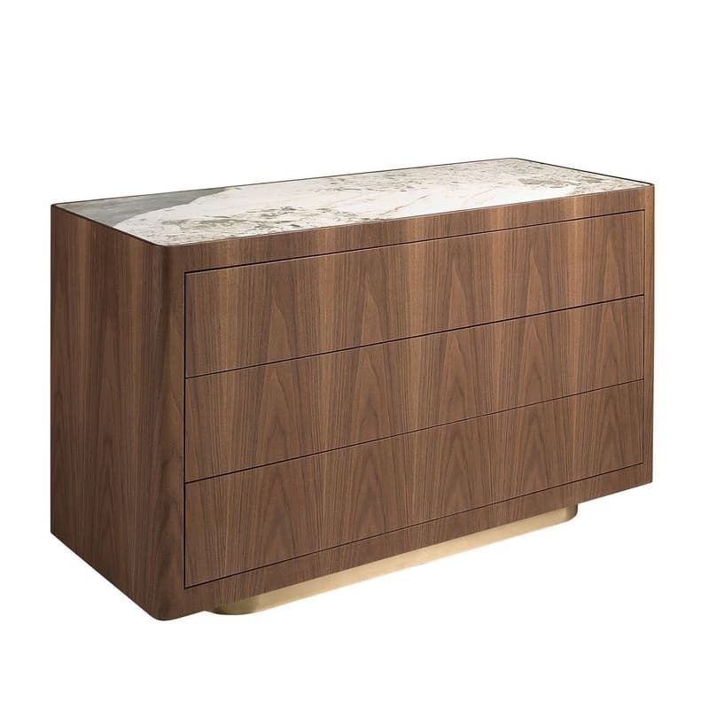Estila Luxusná art deco orechová hnedá komoda Vita Naturale s tromi zásuvkami s bielym mramorom so sivou kresbou a zlatým kovom 130 cm