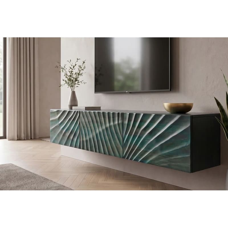 Estila Dizajnový masívny nástenný TV stolík Cumbria s tromi dvierkami s reliéfom s motívom vlny v tyrkysovej farbe 160 cm