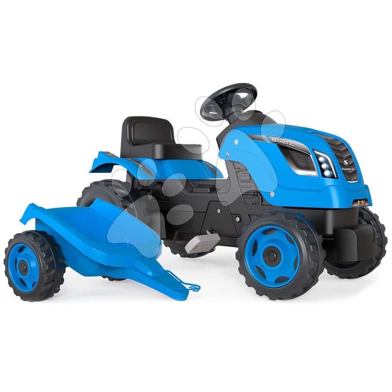 Traktor na šľapanie a príves Farmer XL Blue Tractor+Trailer Smoby modrý s polohovateľným sedadlom a so zvukom 142 cm
