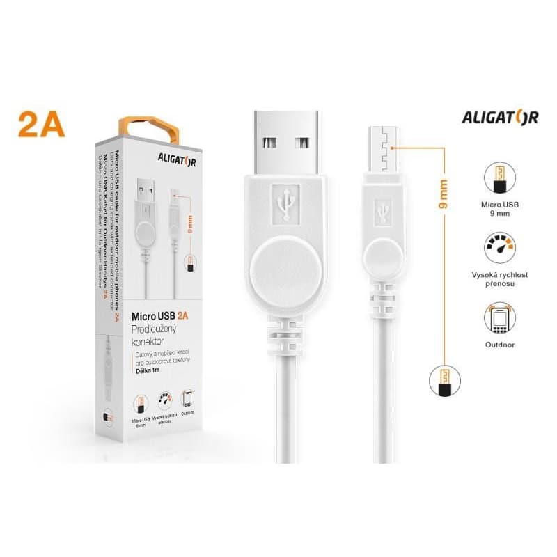ALIGATOR dátový kábel s predĺženým konektorom microUSB, 2A, biela 3