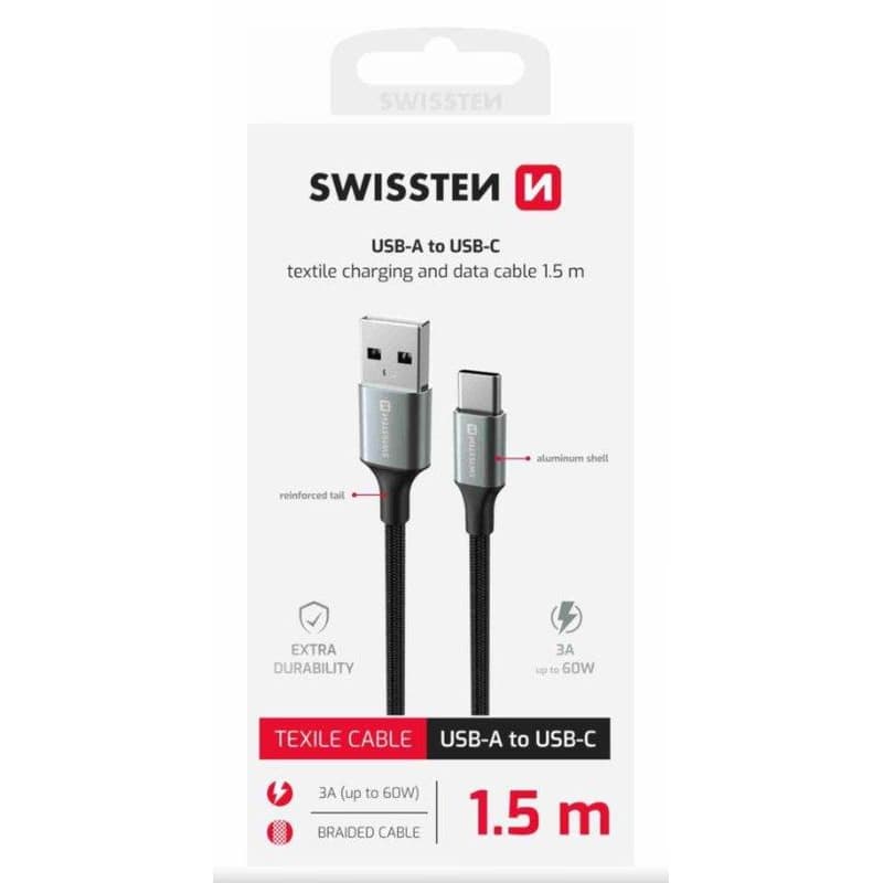 SWISSTEN DÁTOVÝ KÁBEL TEXTILE II USB / USB-C 1,5 M ČIERNY