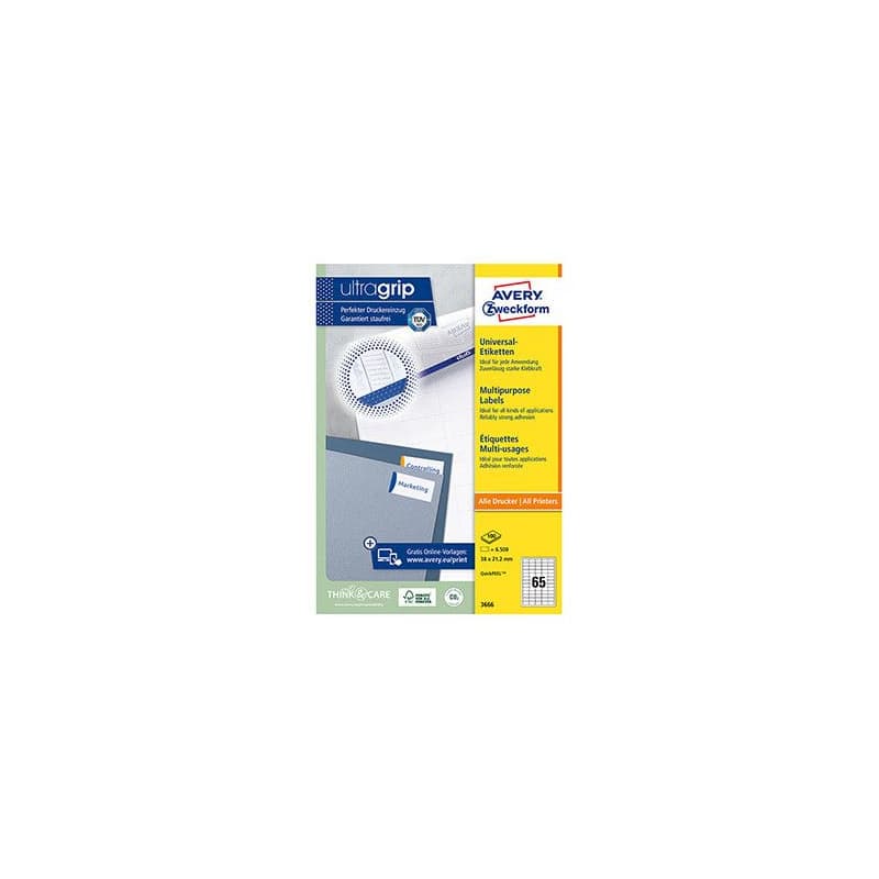 Avery Zweckform etikety 38 x 21.2 mm, A4, biele, 65 etiket, balené po 100 ks, 3666, pre laserové a inkoustové tlačiarne, kopírky