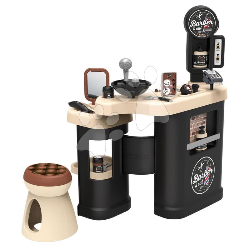 Holičstvo trojkrídlové Barber Cut&Barber Shop Smoby starostlivosť o vlasy a fúzy, umyváreň so šampónom a predajný pult s 19 doplnkami