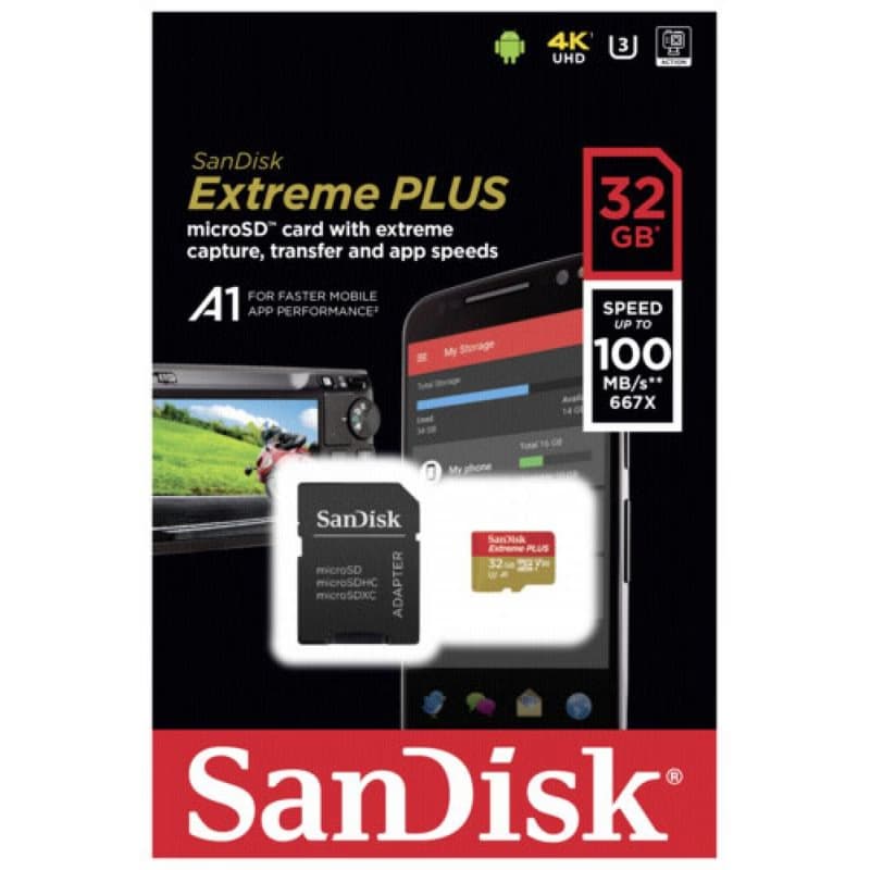 SanDisk MicroSDHC karta 32GB Extreme PLUS (10MB/s, UHS-I V30, Rescue Pro Deluxe) + adaptér 5