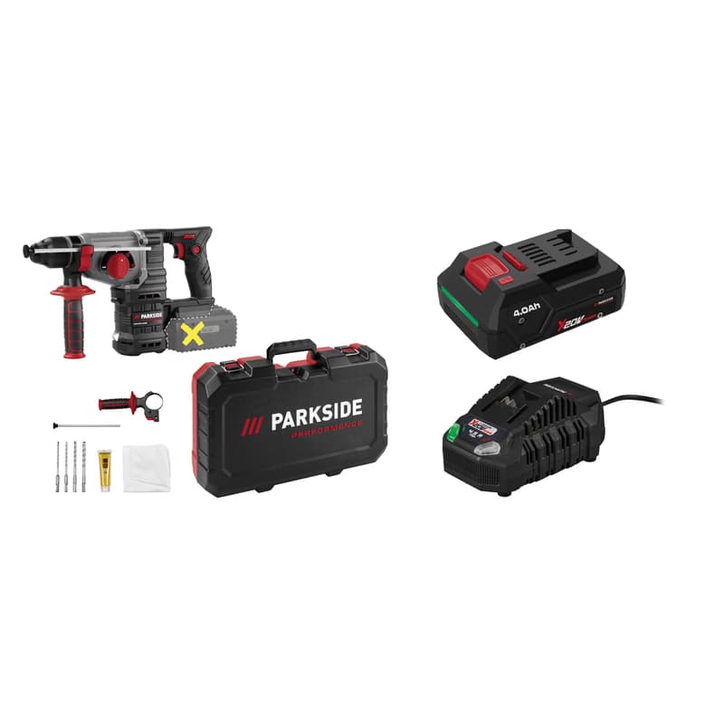 PARKSIDE® Aku kombinované kladivo PPAKH 20-Li A1 + Smart akumulátor 20 V/4 Ah PAPP 204 A1 + Rýchlonabíjačka 20 V/4,5 A PLG 20 C3