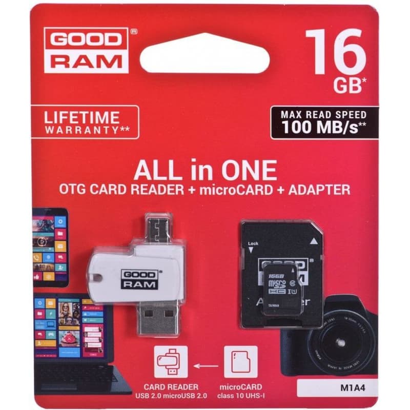 GOODRAM microSDHC karta 16GB M1A4 All-in-one (R:100/W:10 MB/s), UHS-I Class 10, U1 + Adapter + OTG card reader/čítačka 4