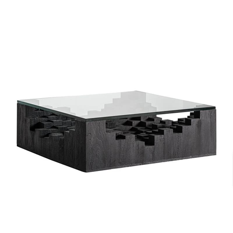 Estila Luxusný art deco masívny štvorcový konferenčný stolík Cubia Nera z mangového čierneho dreva so sklenenou doskou 98 cm