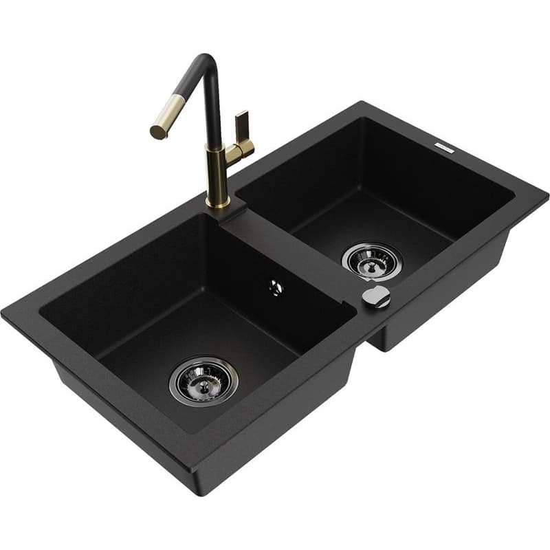 MEXEN/S MEXEN/S - Mario granitový drez 2-bowl vrátane batérie Flora, čierna 6504-77-670401-57-B