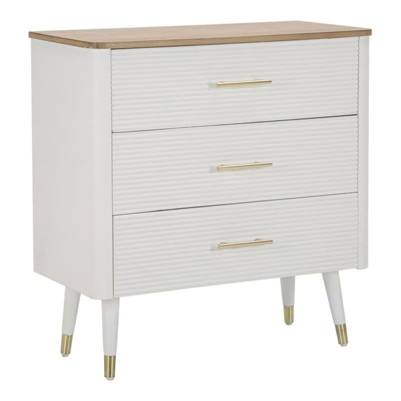 Estila Art deco obdĺžniková biela komoda Samira s tromi zásuvkami so zlatými úchytkami a hnedou vrchnou doskou 80 cm