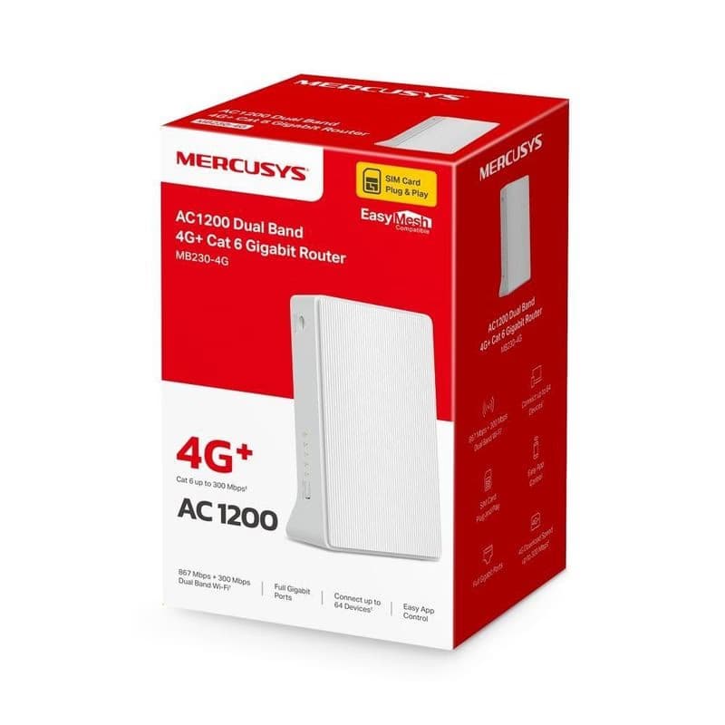 Mercusys MB230-4G WiFi5 router (AC1200, 4G LTE Cat6, 2, 4GHz/5GHz, 1xGbE LAN/WAN, 1xGbE LAN, 1xnanoSIM) 4