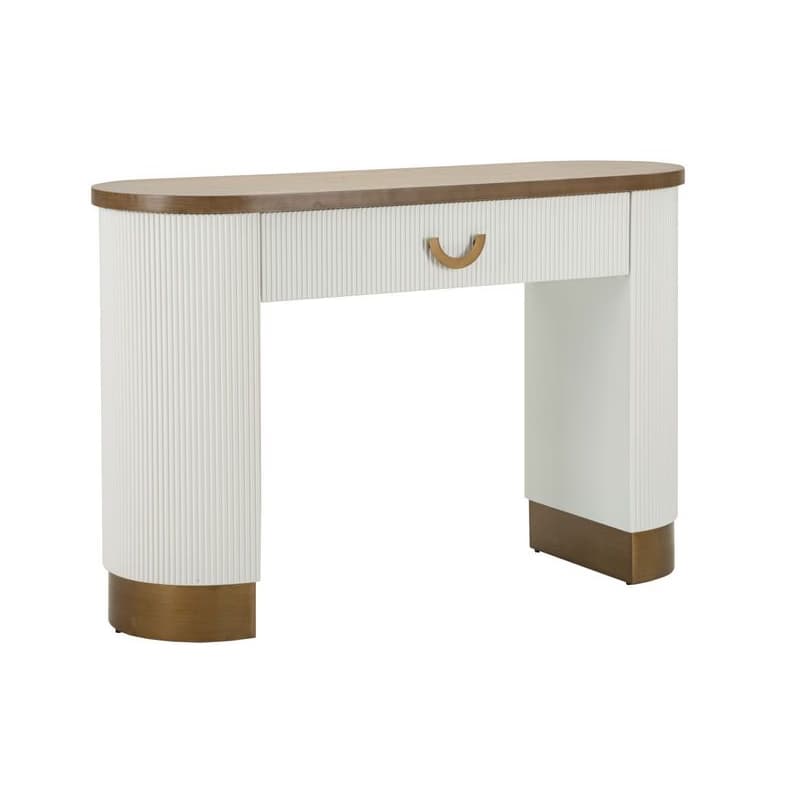Estila Art deco biely oválny konzolový stolík Glamia Blanc s vrúbkovaným dizajnom s hnedou drevenou doskou a zásuvkou 121 cm