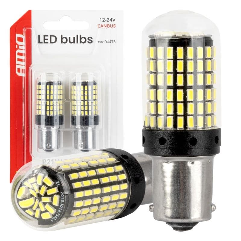 LED žiarovky CANBUS BA15S P21W R10W R5W 600lm 144SMD Biela 12V 24V AMiO-04473