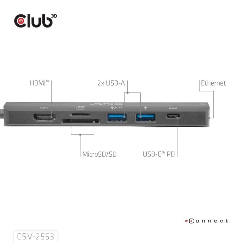 Club3D Dokovacia stanica USB-C 7v1, 1xHDMI, 1xUSB-C PD, 2xUSB, 1xRJ45, microSD/SD, čierna 3