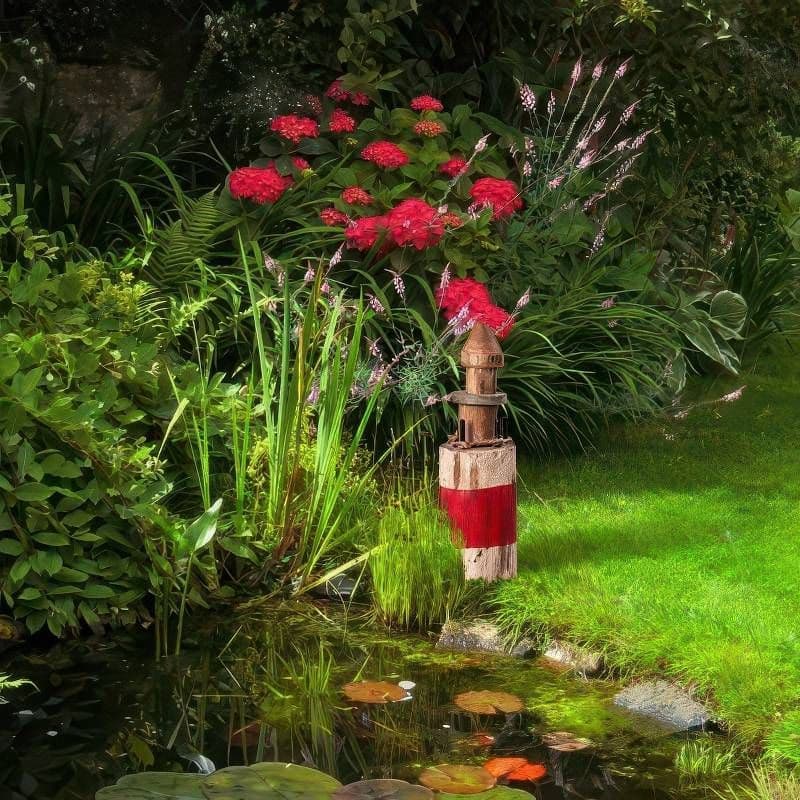 Dekorácia Drevený maják, biela a červená farba, 32 cm