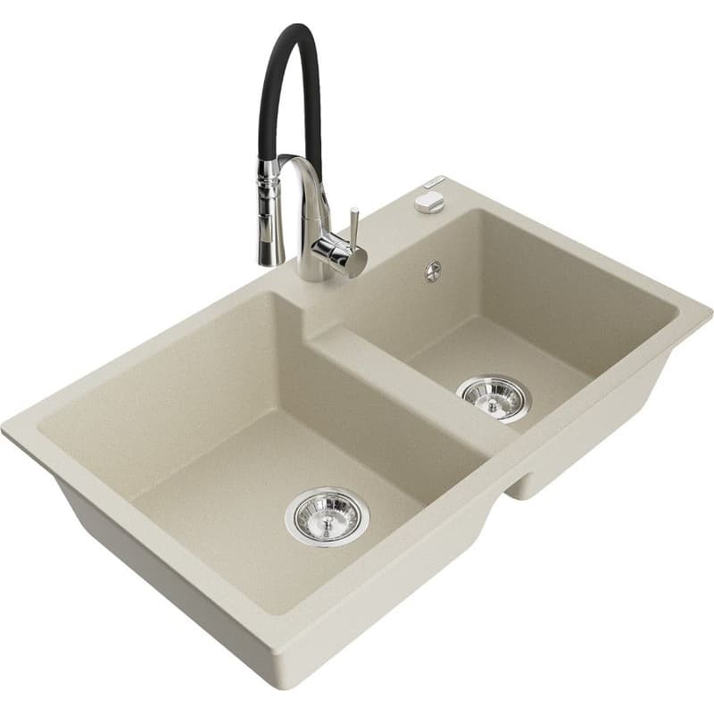 MEXEN/S MEXEN/S - Tomas granitový drez 2-bowl vrátane batérie Aster, béžová 6516-69-73450-07