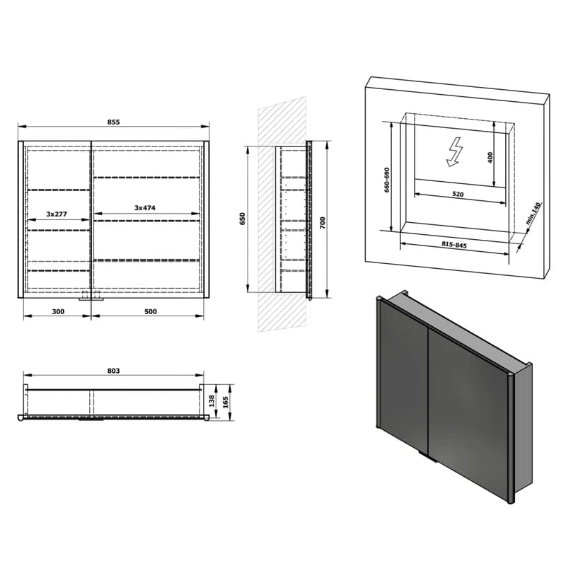 SAPHO - INTEGRA zápustná galérka s LED osvetlením, 85x70cm IN085 2