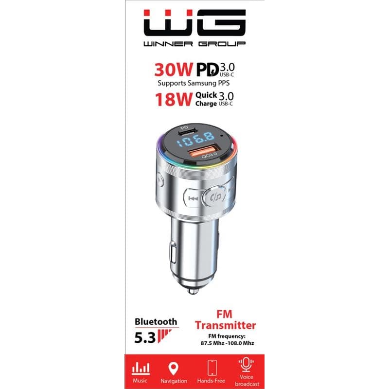 WG - Nabíjačka do auta, Transmitter FM, USB-A QC 3.0 18W + USB-C PD 30W, strieborná