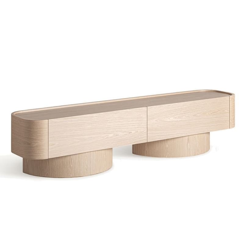 Estila Luxusný art deco TV stolík Reyesse v béžovej farbe dreva obdĺžnikového tvaru s dvomi zásuvkami s úložným priestorom 220 cm