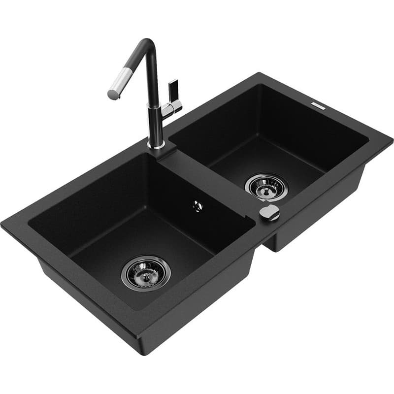 MEXEN/S MEXEN/S - Mario granitový drez 2-bowl vrátane batérie Flora, čierna 6504-77-670401-07-B
