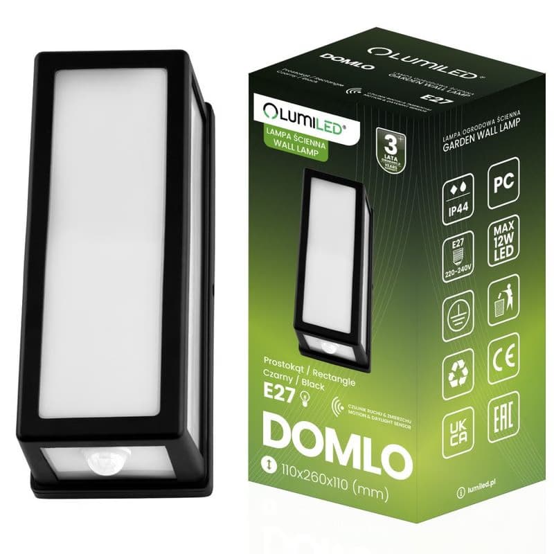 Záhradná lampa E27 Obdĺžniková nástenná lampa Senzor pohybu DOMLO LUMILED