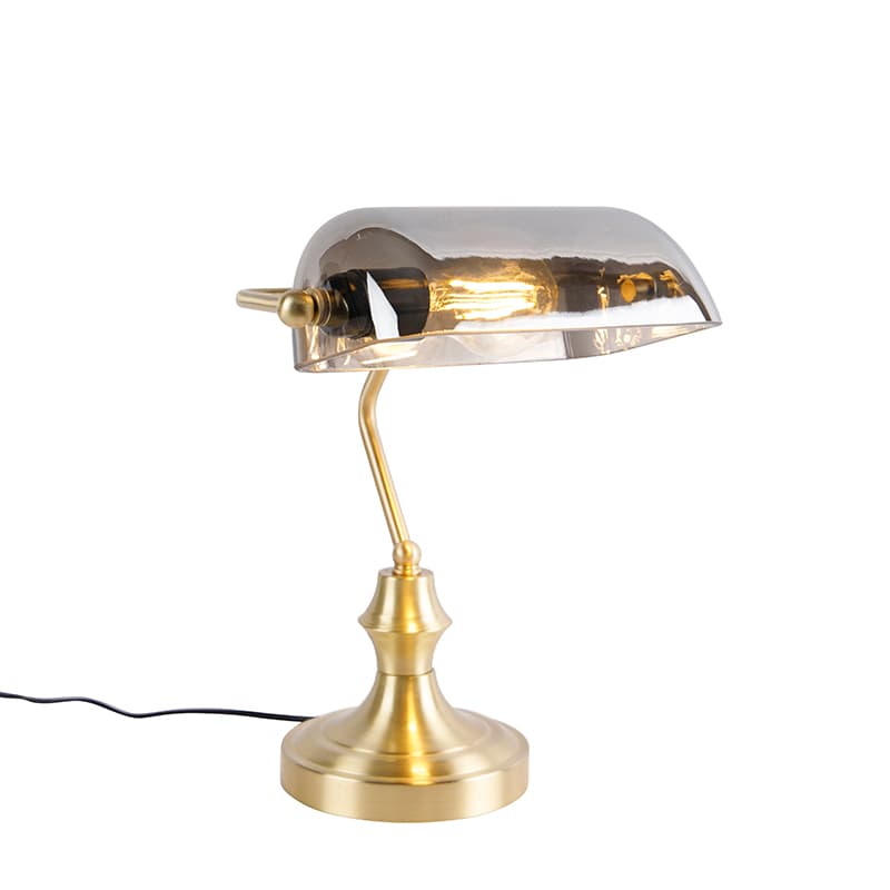 Klasická notárska lampa zlatá s dymovým zrkadlovým sklom - Banker