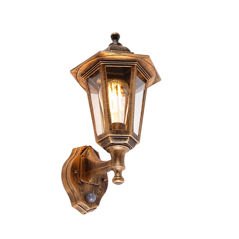 Klasická vonkajšia nástenná lampa starožitné zlato s pohybovým senzorom - New Haven