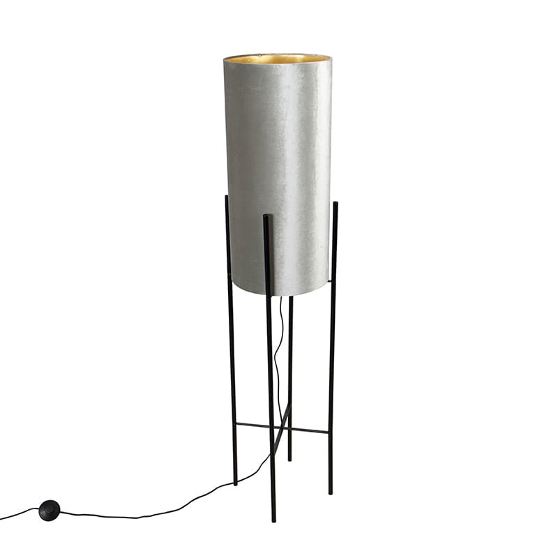 Moderná stojaca lampa čierna s plyšovým sivým tienidlom - Rich