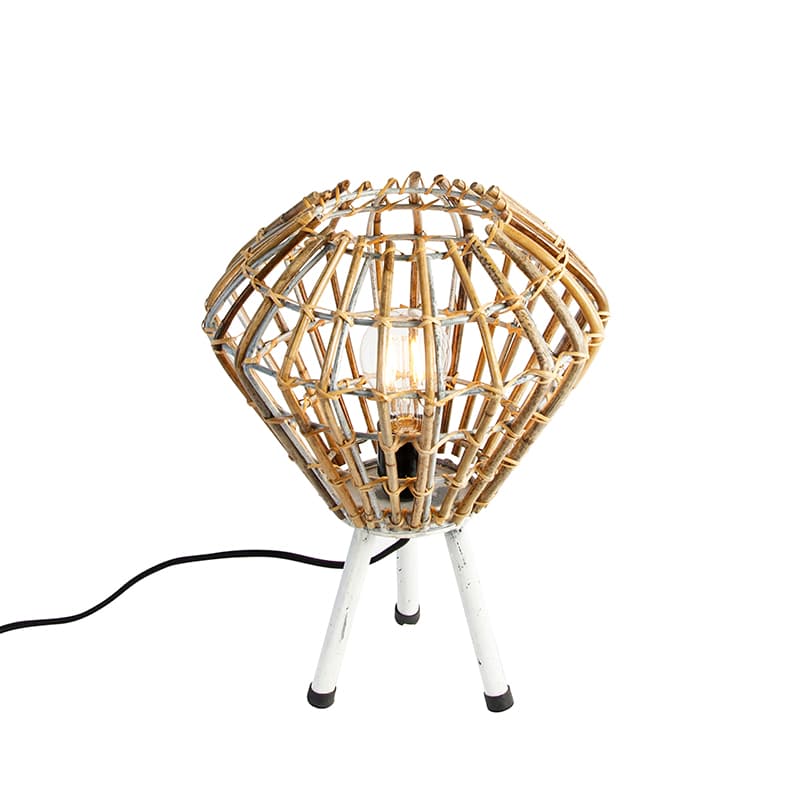 Rustikálna stolná lampa trojnožka bambus s bielou - Canna Diamond