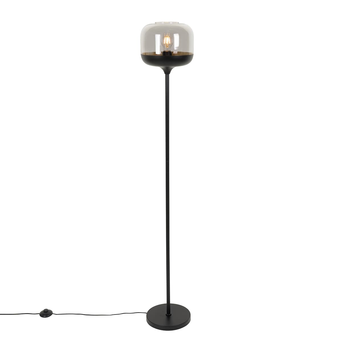 Dizajnová stojaca lampa čierna so zlatom a dymovým sklom - Kyan