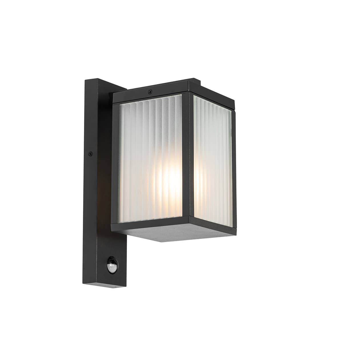 Vonkajšia nástenná lampa čierna s rebrovaným sklom a senzorom pohybu - Charlois