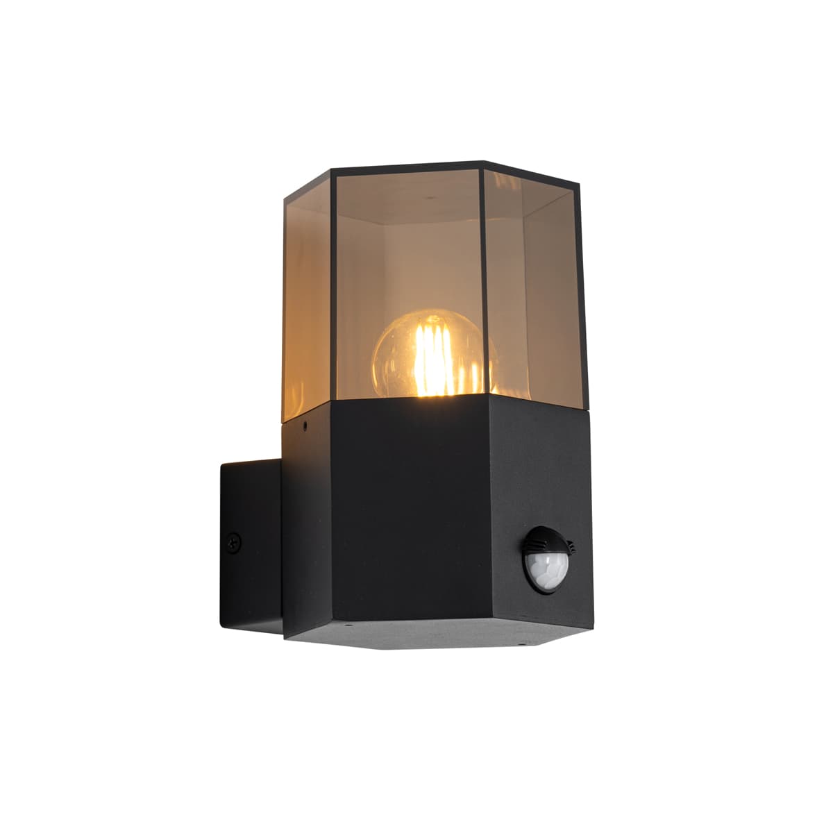 Vonkajšia nástenná lampa čierna s dymovým sklom hexagon a senzorom pohybu - Denmark