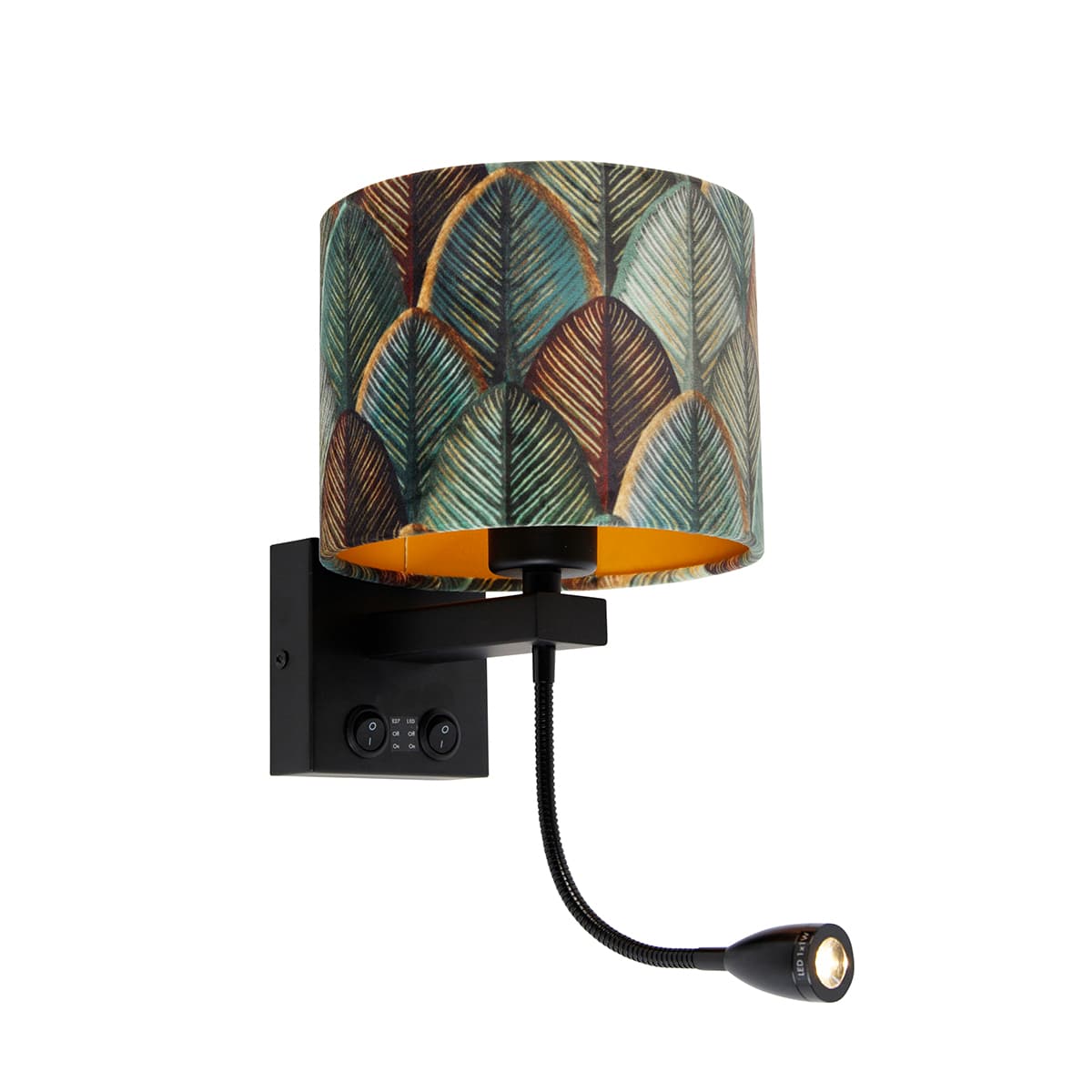 Nástenná lampa čierna s zamatovým tienidlom s dizajnom listu a zlatým vnútorným priestorom - Brescia Combi