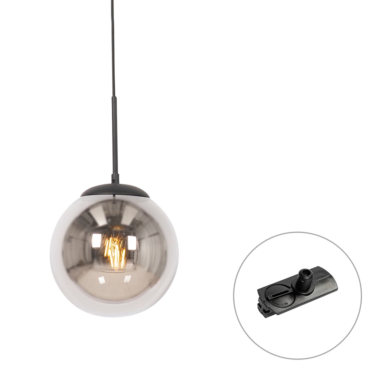 Závesné svietidlo Art Deco čierne s dymovým sklom vrátane adaptéra na koľajnicu 1-fázové - Iconic Flore