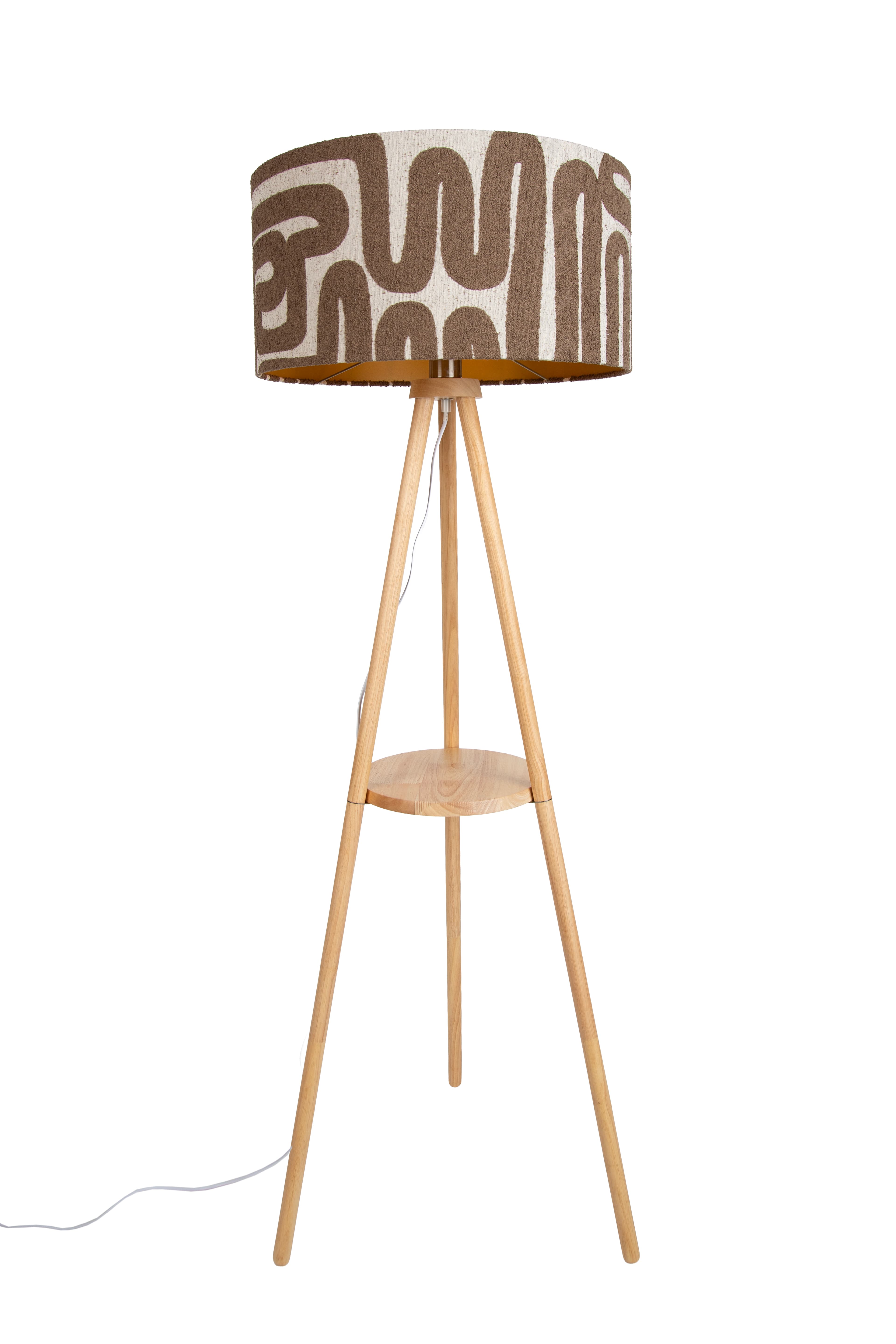 Stojacia lampa s trojnožkou drevená s pruhovaným béžovým a hnedým tienidlom 50cm - Lou