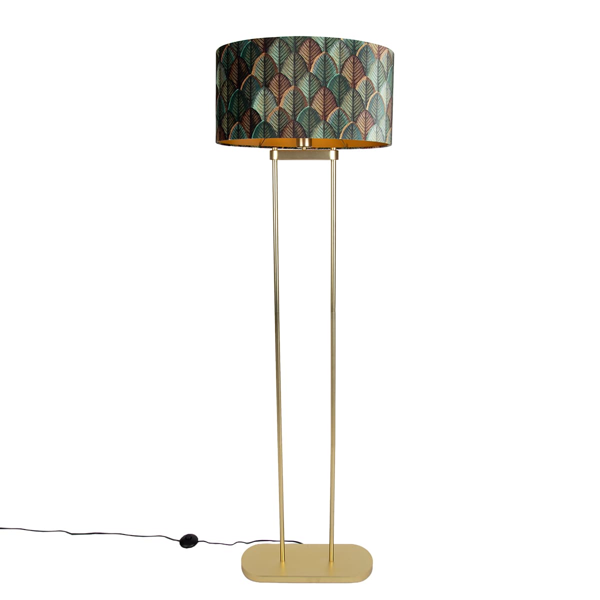 Mosadzná stojaca lampa s oválnym tienidlom s dizajnom listov a zlatým interiérom 50 cm - Thijmen